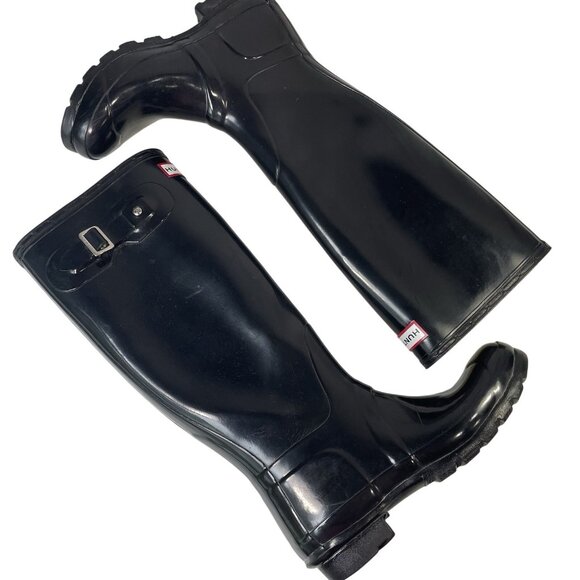 Hunter Tall Rain Boots Womens 6 Original Black Gloss Buckle Waterproof Insulated - Picture 1 of 14